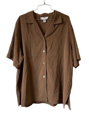 Saks Fifth Avenue Salon Z Plus Size 100% Silk Brown Short-Sleeve Top Size 2X